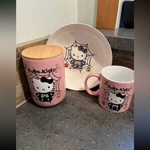 New Bundle Halloween Pink Skeleton Spiderweb Hello Kitty Canister,  Mug & plate